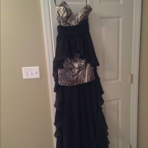 Formal multi print dress with long attached train